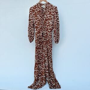 Cleobella Jumpsuit Brown Animal Print Long Sleeve Belted Small Wide Leg Palazzo